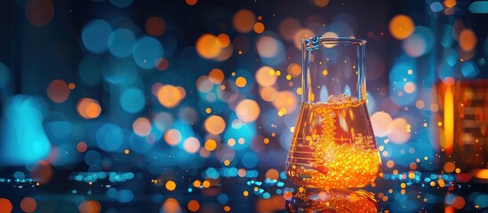 Glowing Amber Liquid in Laboratory Glassware Showcases Transition Metal Catalytic Properties - obrazy, fototapety, plakaty