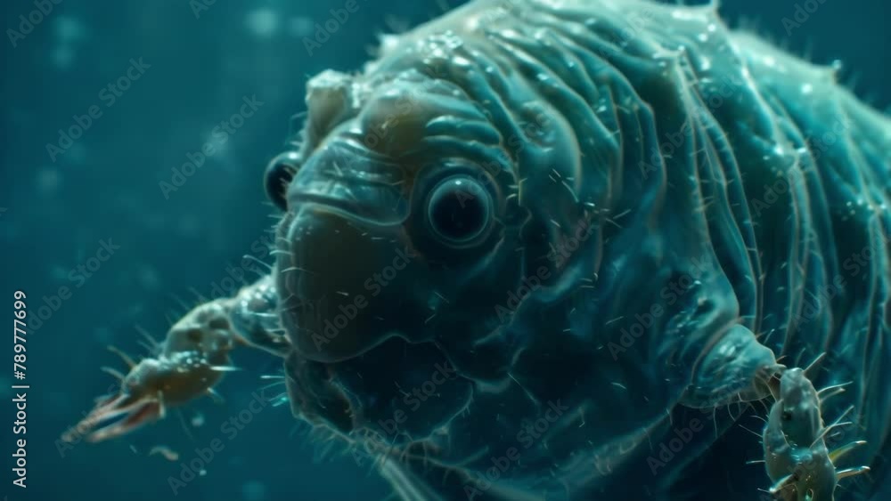 Poster a closeup of a tardigrades face showcasing its four sharp claws and mouth with a circular opening fo