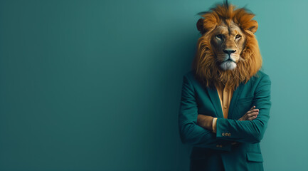Stylish lion in business attire at office with copy space on plain wall, professional concept