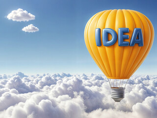 3d render illustration of a yellow hot air balloon with blue text word letters that spell out IDEA floats through a cloudy sky, surrounded by clouds