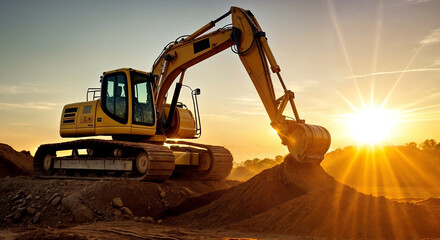 A large excavator is digging up a pile of dirt at a construction site, with the sun setting in the background. The excavator's bucket is positioned to scoop up more dirt - obrazy, fototapety, plakaty