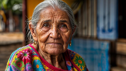 An elderly woman with gray hair and wrinkles on her face, wearing a colorful shawl sits outside, looking at the camera with her eyes open wide - obrazy, fototapety, plakaty