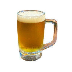 A clear glass mug filled with light yellow beer sits on a white background. The beer has a white...