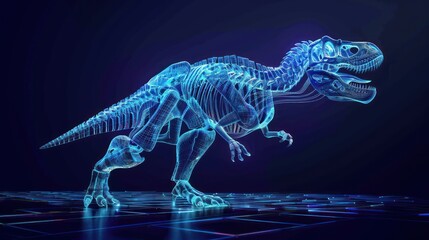 Dinosaur TRex in Hologram Wireframe Style. AI generated