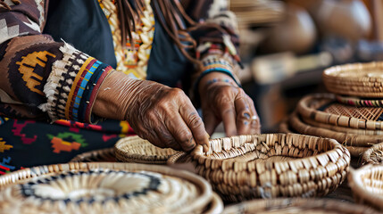 close up hands of Native American old woman weaving basket. - obrazy, fototapety, plakaty