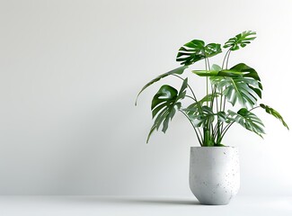 Photo of monstera plant in a modern pot on a white background, in the style of mockup, template, stock photo