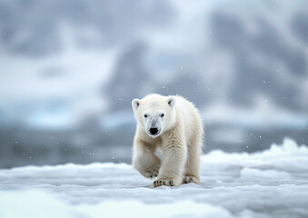Naklejka premium A polar bear walking on the snow.