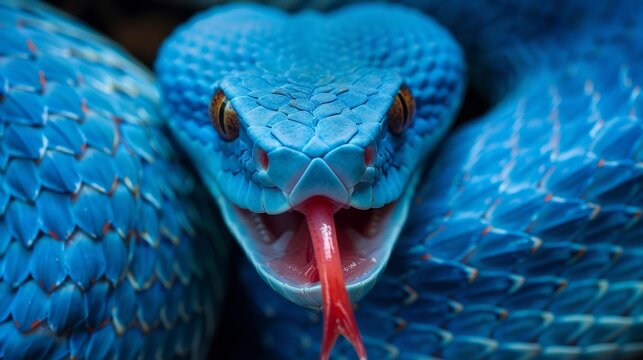 A blue viper snake with its red tongue curling up on a log