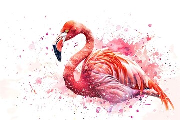 Watercolor pink flamingo. Pink flamingo. Tropical exotic bird rose flamingo with watercolor splashes on white background. Watercolor hand drawn illustration. 