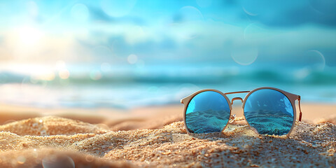 Sunglasses in the sand on a tropical beach with a background of blue ocean and light blue sky.