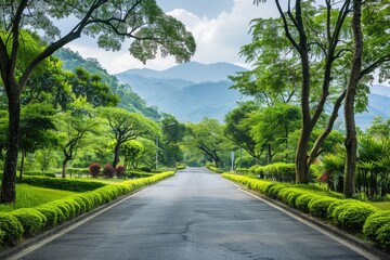 Fototapeta na wymiar Asphalt road and green forest with mountain nature landscape in Hangzhou, China - generative ai