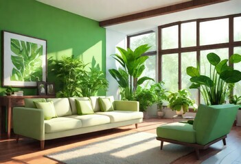 Serene room décor with leafy green accents, Cozy living space with vibrant green walls, Green-themed living room with indoor plants.