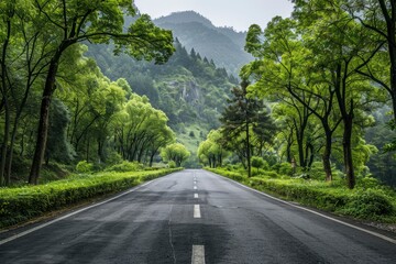 Asphalt road and green forest with mountain nature landscape in Hangzhou, China - generative ai