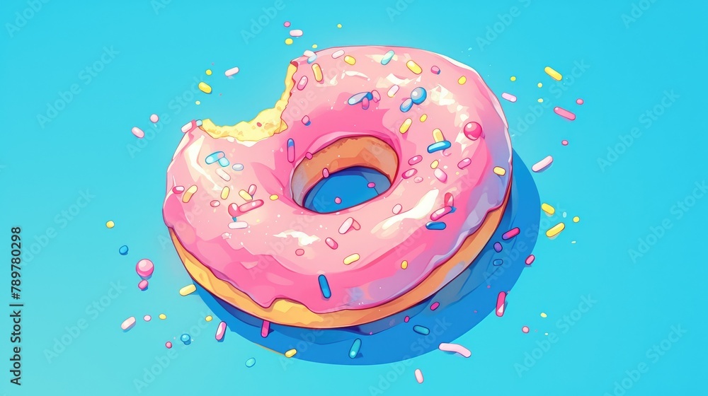 Poster an overhead perspective of a pink donut adorned with colorful sprinkles presented in a sleek and min