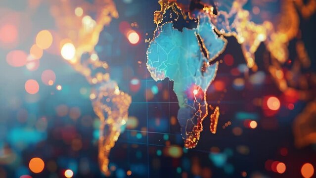 Defocused map of the world in the background symbolizing the global reach of diplomacy and the interconnectedness of nations. The blurred details highlight the idea of ongoing discussions .