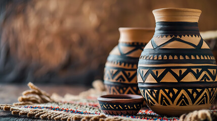 Clay utensils in the native american style on table against blurred brown wall.  - obrazy, fototapety, plakaty