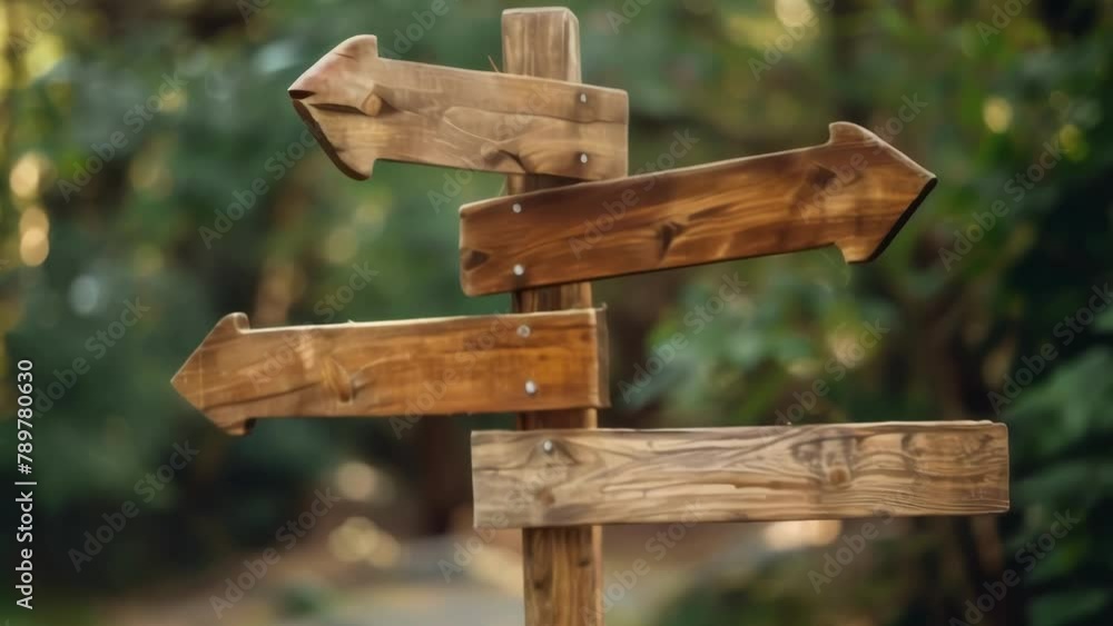 Poster rustic wooden directional signpost with multiple arrows pointing to different areas of the park .