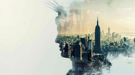 Statue of Liberty and New York, cityscape double exposure contemporary style 