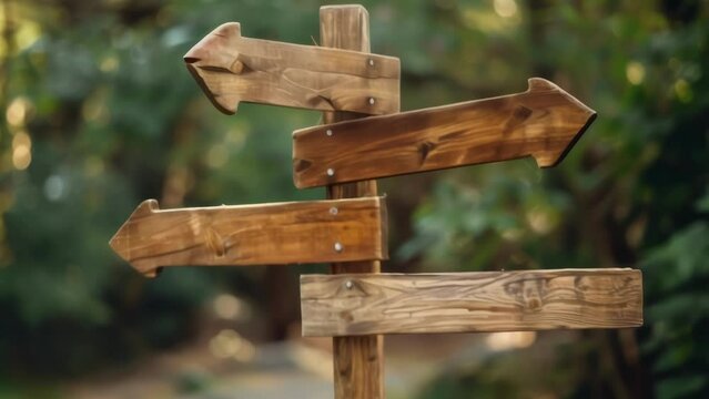 rustic wooden directional signpost with multiple arrows pointing to different areas of the park .