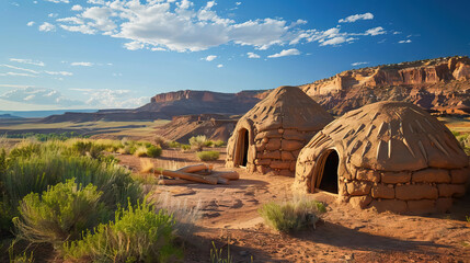 two Native american hogans in the desert against blue sky background. - obrazy, fototapety, plakaty