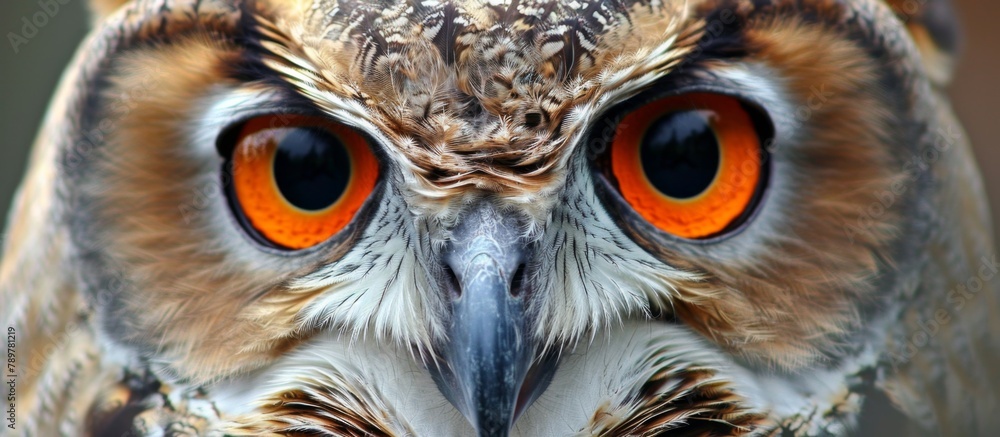 Poster the image features a detailed close-up of a bird showcasing its striking orange eyes and intricate f