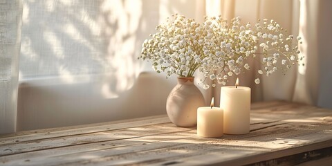 Candles kept in a row with mimosa flower in backdrop in a wooden surface with a big space for text or a backdrop represents tradition, sensitivity and safety, Generative AI.