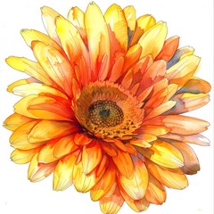 Cheerful watercolor gerbera daisy, radiant bloom with orange petals circling yellow center, white background