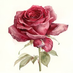 Watercolor whispers of love: A deep red rose unfurls its petals, blending into soft pinks at the edges, against a pristine white background.