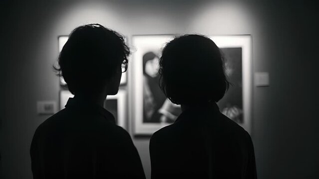 The faint glow of a spotlight illuminates the profiles of two figures as they stand in front of a series of black and white photographs . .