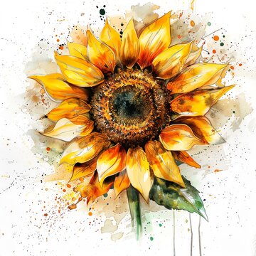 Sunflower in loose watercolor style, golden petals bursting outward against white surroundings