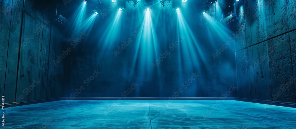 Poster a close-up view of a stage illuminated by an abundance of powerful and dazzling lights, creating a c