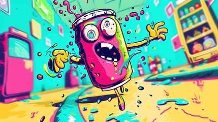 A mischievous soda can races through a grocery store, its fizzy contents threatening to burst with excitement