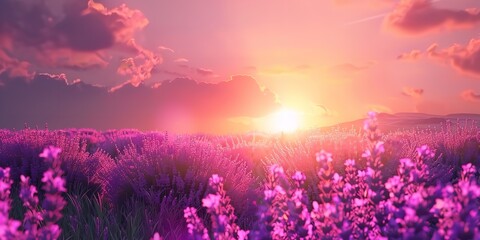 Beautiful landscape of sunset over lavender field with a big space for text or tourism advertisement or a background, Generative AI.
