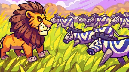 Obraz premium A proud lion is patrolling its savanna kingdom, protecting a herd of zebras, whose stripes will become the inspiration for a zebrastriped pound cake