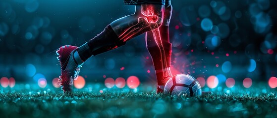 Over a game over stadium grounds, a football player who is hurting from a leg muscle bruise or a red glow injury to their knees and space, Generative AI. - obrazy, fototapety, plakaty
