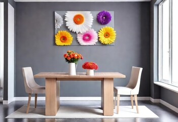 Dining room interior featuring lively floral display, Colorful blossoms enhance dining room ambiance, Vibrant floral wall decor in dining room setting.