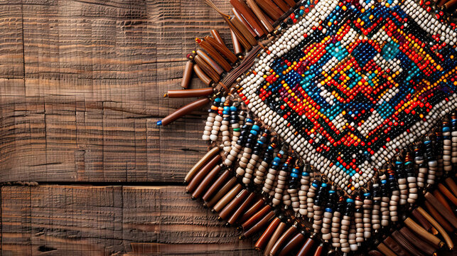 top view flat lay native american traditional beadwork on wooden table with copy space.