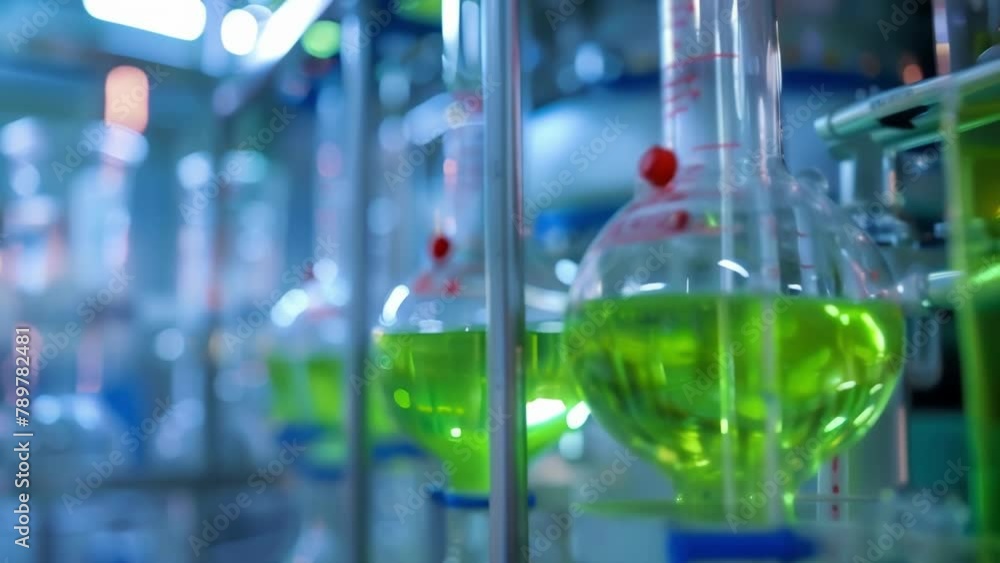 Poster a closeup image of a bubbling glass flask filled with a vibrant green liquid connected to a complex 