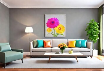 A burst of colors with flower decorations in the living space, Vibrant floral décor brightening up a home interior, Colorful flowers adorning a cozy living room wall.