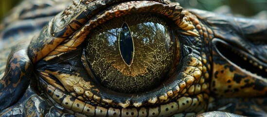 An up-close view capturing the detailed wrinkles around the eye of a crocodile in great detail