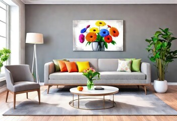 A burst of colors with flower decorations in the living space, Cheerful flower display enhancing the room's ambiance, Vibrant floral décor brightening up a home interior.