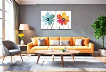 Two lively floral prints bring a lively touch to the space, Cheerful flower paintings enhance the room's décor, Vibrant floral artwork adds a pop of color to the room.