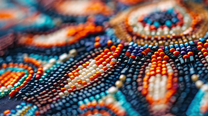 close up soft focus colorful native american traditional beadwork.