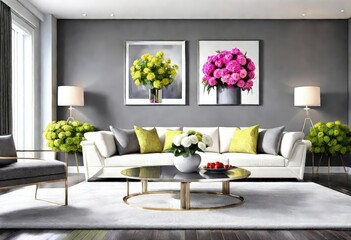 Serene grey-walled living room adorned with cheerful yellow blossoms, Cozy living room with yellow blooms adding a pop of color against the grey walls, Grey living room with bright yellow flowers.