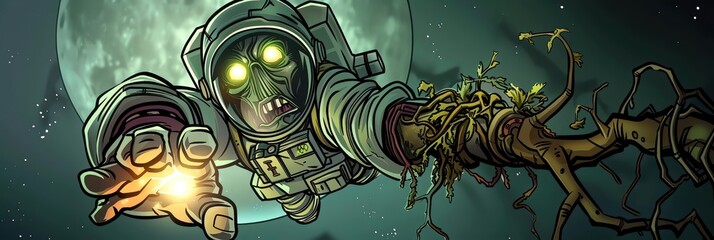 An astronaut carefully carries a delicate plant specimen, its roots reaching for the stars, as they cultivate life in the hostile environment of space