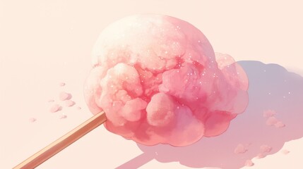 Delicious pink cotton candy on a wooden stick - obrazy, fototapety, plakaty