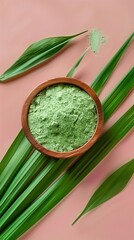 Flat lay extract pandan leaf flour green natural coloring ingredient for cooking