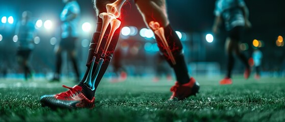 Over a game over stadium grounds, a football player who is hurting from a leg muscle bruise or a red glow injury to their knees and space, Generative AI.