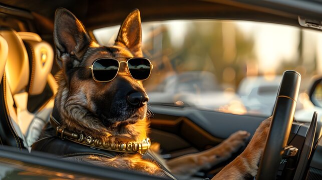 Rich cool dog driving a luxury model super sports car, wearing expensive collar and sunglasses, city landscape background. Funny pet animal in costume happy lifestyle 3d modern trendy digital artwork