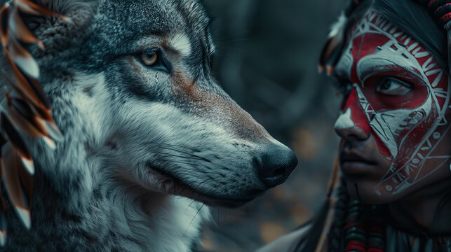 close up an young indian warrior accompanied with wolf  animal spirit in the dark forest.